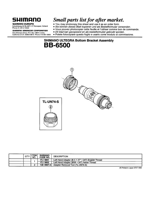 DIJELOVI OSOVINE POGONA LIJEVI SHIMANO BB-6500 (B.C.1.37" X 24) ENGLISH THREAD