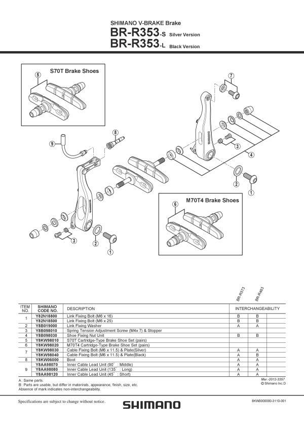 KOČIONA OBLOGA SHIMANO BR-R353 S70T CARTRIDGE TIP, 1 PAR