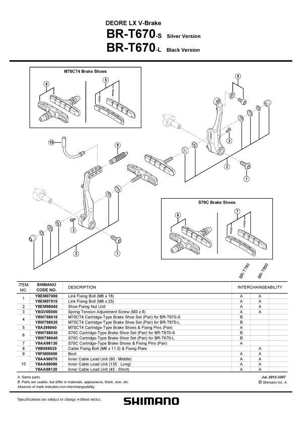 KOČIONA OBLOGA SHIMANO BR-T670L S70C CARTRIDGE TIP, 1 PAR
