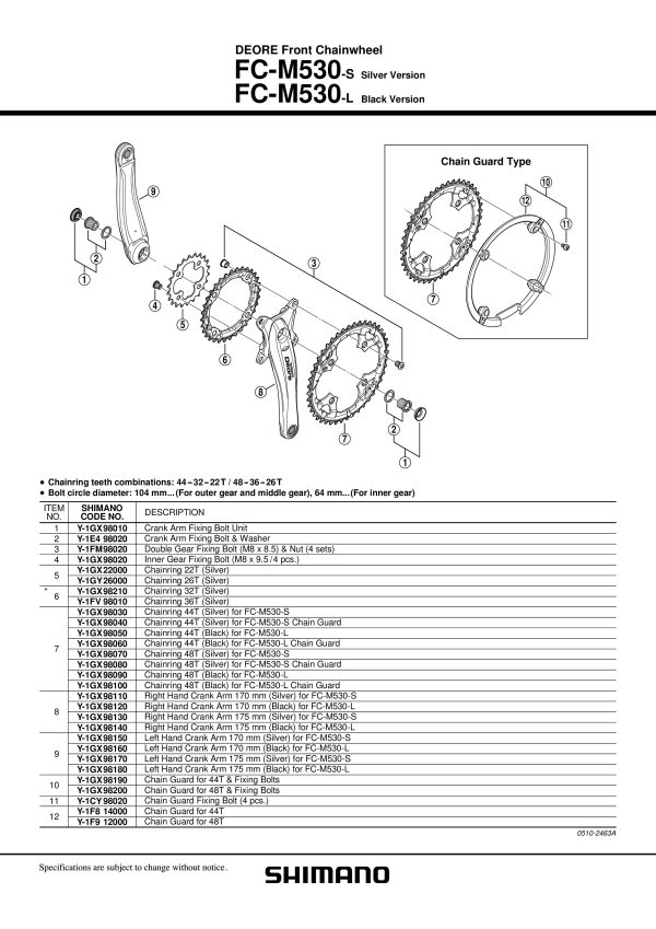 POLUGA POGONA LIJEVA SHIMANO FC-M530 170MM SREBRNA
