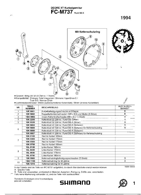 LANČANIK POGONA SHIMANO FC-M737 22Z, 5-ARM, PCD 94/58MM, ROUND GEAR SG (SREBRN), 5-ARM, PCD 58MM