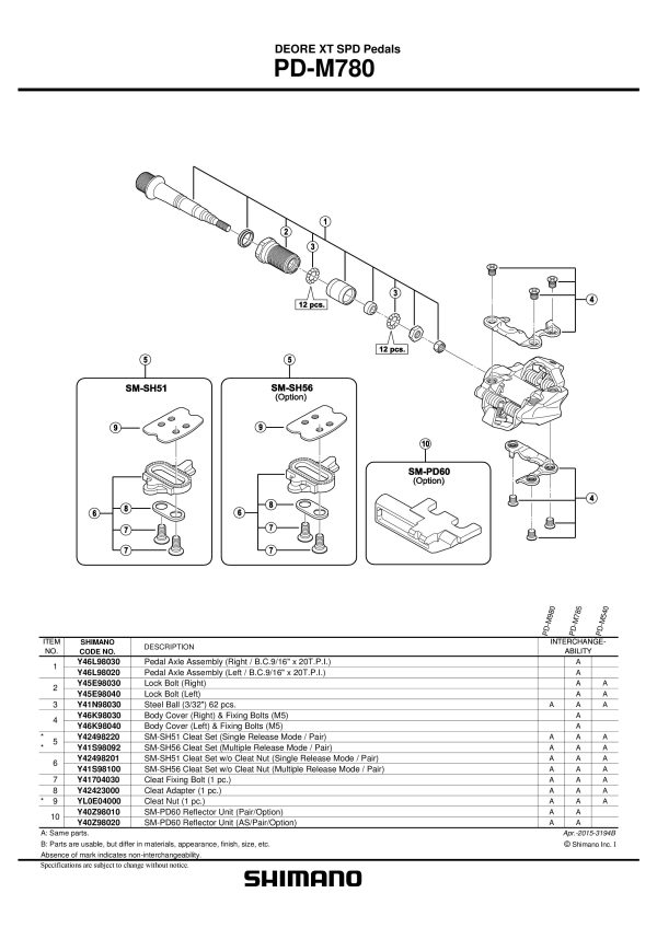 OSOVINA PEDALE KPL SHIMANO PD-M780 DESNA, B.C.9/16"X20 T.P.I. - Slika 2