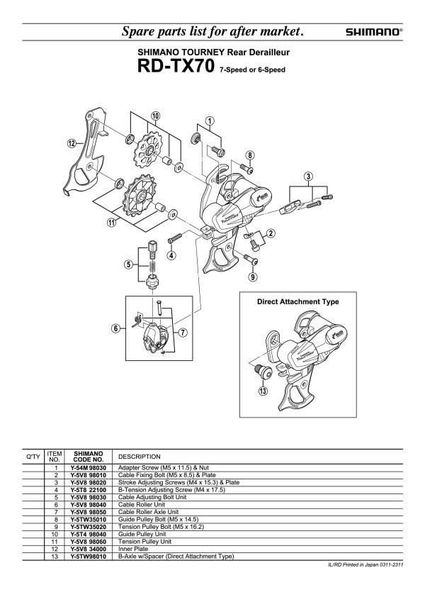 KOTAČIĆ ZADNJEG MJENJAČA SHIMANO RD-TX70, TENSION PULLEY