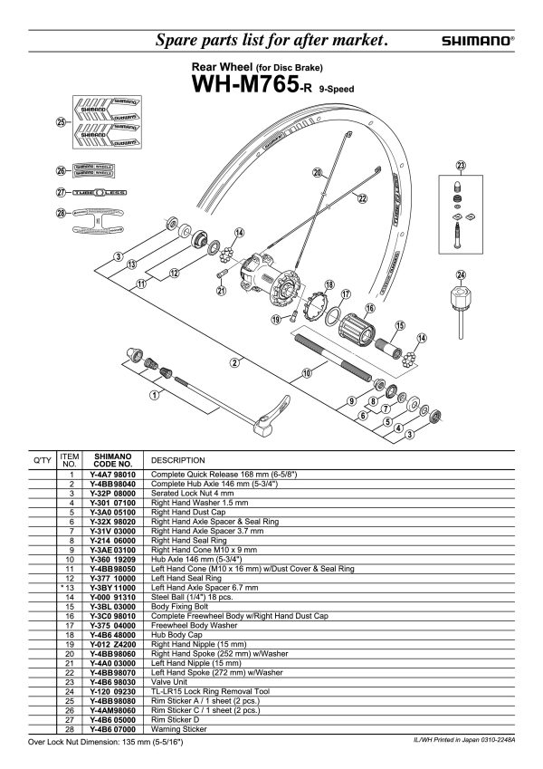ŽBICA SHIMANO ZA WH-M765, DESNA, SA PODLOŠKOM 272MM - Slika 2