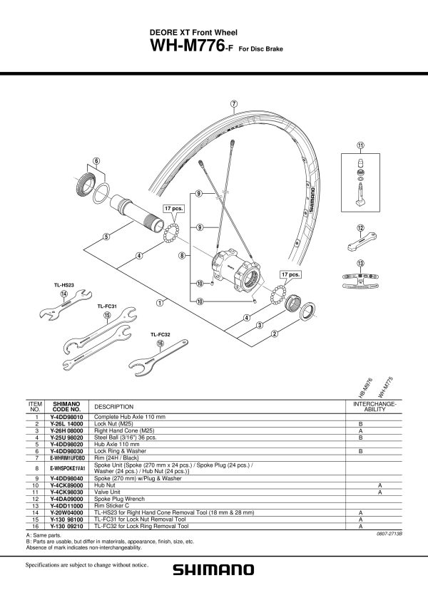 ŽBICA SHIMANO ZA WH-M776-F I M776-R, DESNA, (270MM) UKLJ. PLUG I PODLOŠKA