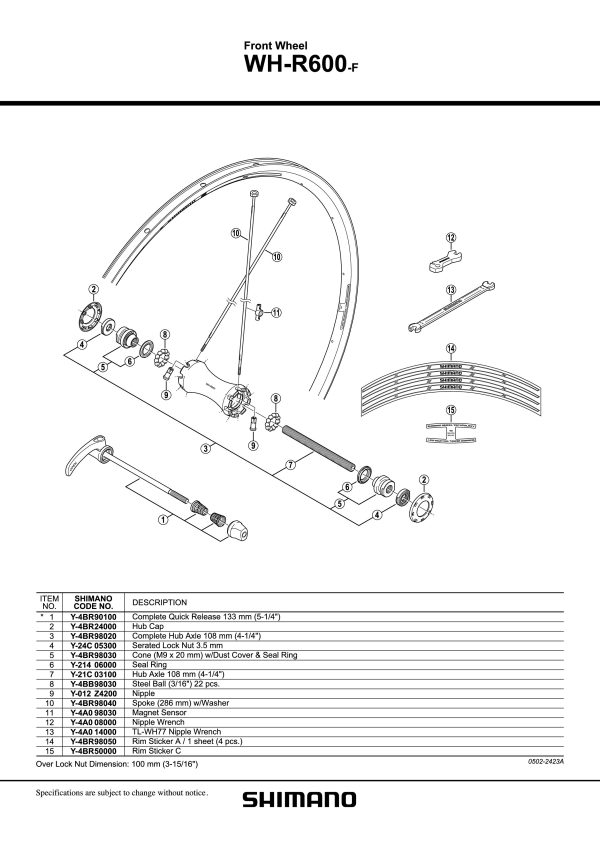 OSOVINA KOTAČA SHIMANO WH-R600-F 108MM 4/14" - Slika 2
