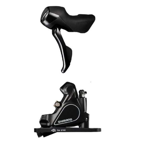 KOČNICA DISK SASTAVLJENA/J-KIT SHIMANO ST-RS405(L) BR-RS405(F/FLAT MOUNT), ZA ROTOR 140MM, RESIN PLOČICE (BEZ HLADNJAKA), SAJLA MJENJAČA 1800MM, BUŽIR SM-BH59 1000MM CRN, BULK