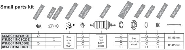 DIJELOVI SHIMANO NEXUS SG-3C41, BEZ LANČANIKA I OBUJMICE KOČIONE POLUGE, ROD:81.85MM, NEROTIRAJUČA PODLOŠKA LIJEVA, CAP NUT (L) I FLANGE NUT (R), PROTIPRAŠNI POKLOPAC, BEZ BELL CRANK, BULK